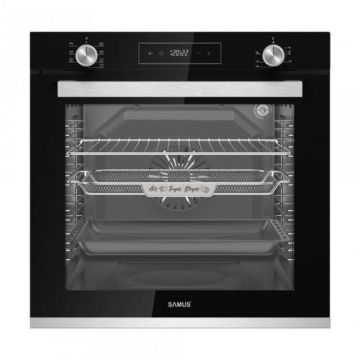 Cuptor incorporabil Samus SCE827GCF, 80 l, 2500 W, 7 Functii, Clasa energetica A, Timer digital, Grill electric, Ventilator, Curatare catalitica, Panou slim din sticla neagra (Negru)