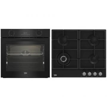 Pachet Cuptor Beko BBSM17330BCS, Clasa A, Capacitate 72 l, 3D Cooking,Grill, Autocuratare catalitica + Plita incorporabila Beko, Gaz, 4 arzatoare, Aprindere electrica, Siguranta, Wok, Gratar fonta (Negru)